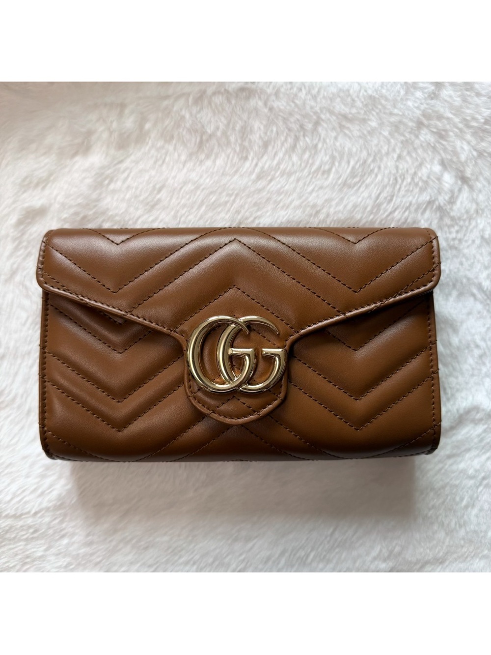 Gucci Tan Chevron Quilted Leather Wallet on Chain with Gold GG Logo